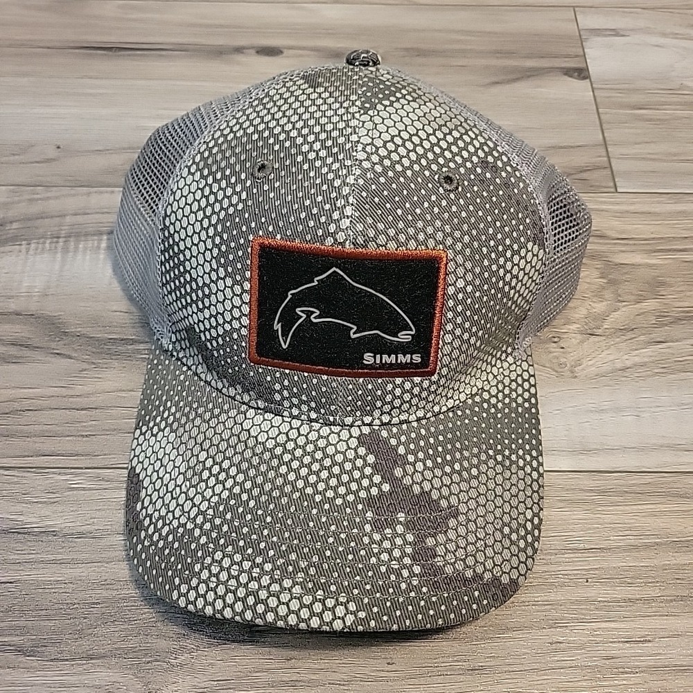 Simms Gray White Mesh Trucker Hat with Orange Trim Patch
